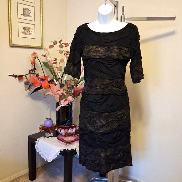 NWT Simon Chang Women's Well Tailored ¾ Sleeve Brown Gold Midi Lined Dress 8 M - Picture 1 of 11